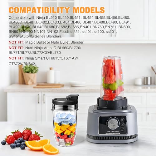 Image of ENVTEK Replacement 18oz Blender Cups for Ninja 2-Pack, Leakproof Lids, Waterproof Writable Labels (24pk) & Cleaning Brush, Compatible with BN401 BN801 BL450 BL480 BL640 NN100 SS401 Foodi Series