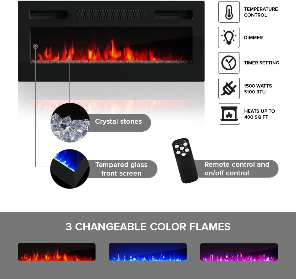 Meble Furniture Luxe BL-EF Floating Fireplace TV Stand — Modern Matte Finish — Fits TVs up to 80", 59.1" W x 15.7" D x 23.6" H — White