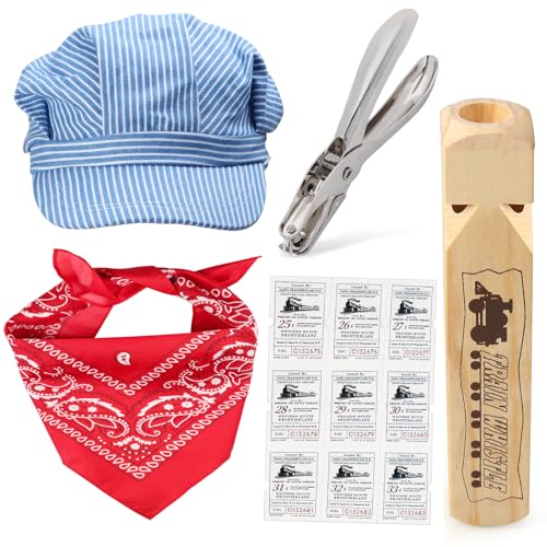 Yewong Train Conductor Costume Set - Engineer Cap, Wooden Whistle, Paisley Bandanna for Halloween Dress Up Party Favors (Set C)