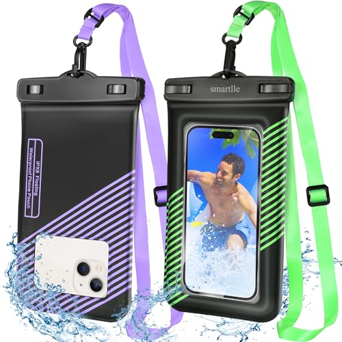 smartlle Floating waterproof phone pouches bags, IPX8 floatable cell phone water protectors cases 2 pack w/Adjustable Neck Lanyard, for iPhone 15 14 13 Pro Max 12 11, for Galaxy S24 S23 Ultra 7