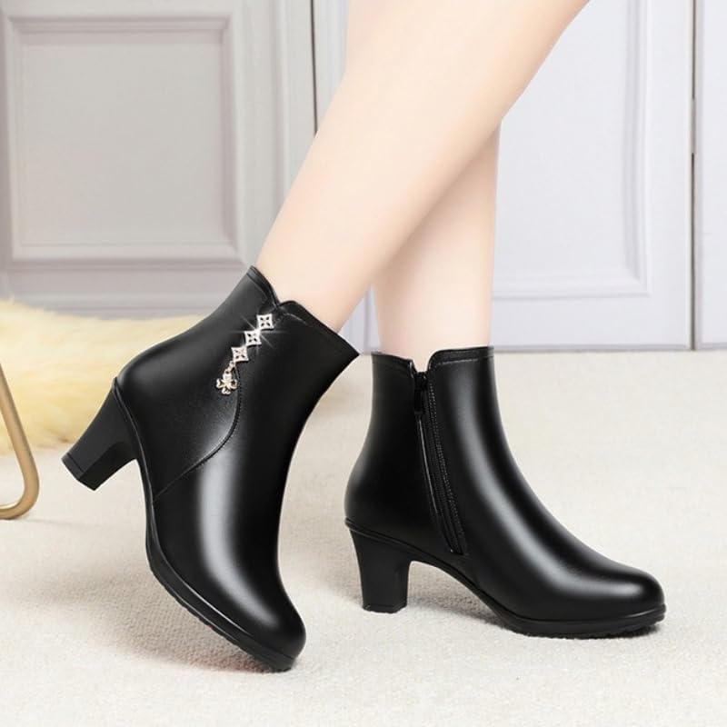 Womens Ankle Boots Chunky Block Heel Rhinestones Buckle Decor Comfort Warm Fur Lined Boots Zip Fashion Round Toe 2 Inch - Image 2