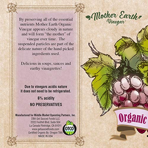 Mother Earth, Organic Red Wine Vinegar with The Mother, Fresh Pressed Organic Cabernet Grapes, ORWV, RWV, Raw, Unpasteurized, Unfiltered (2/32oz Glass Bottles)