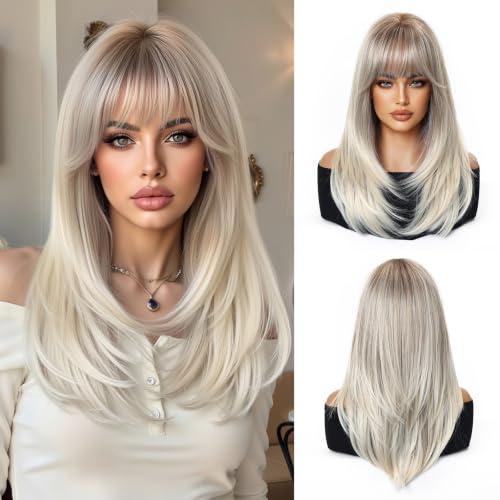 Esmee Long Straight Blonde Wigs for Women with Fringe Natural Synthetic Hair Ombre Wig for Daily & Party Use