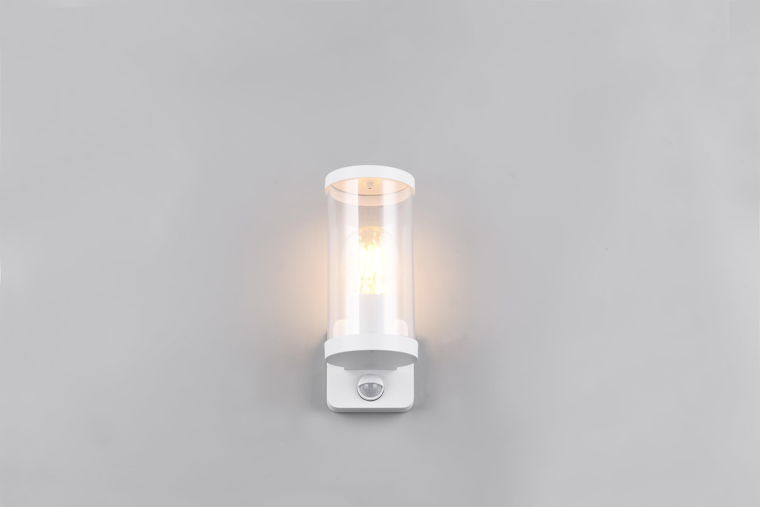 Reality Leuchten Außen Wandleuchte Bonito R21599131, Aluminium Druckguss Weiß matt, Schirm Kunststoff klar, exkl. 1x E27, Bewegungsmelder