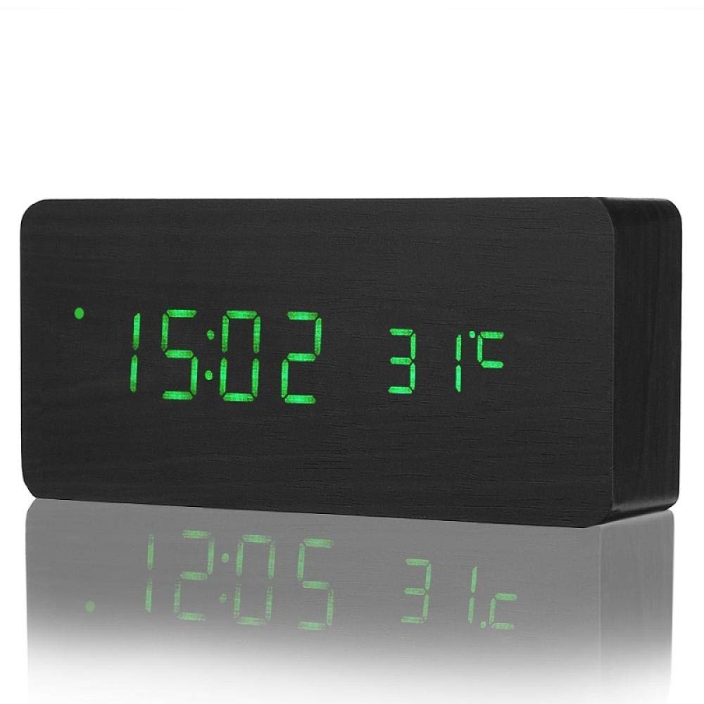 Réveil numérique bois LED vert horloge de bureau à commande vocale avec calendrier