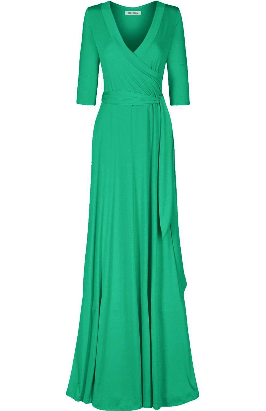 Women's 3/4 Sleeve Deep V-Neck Maxi Faux Wrap Solid Plus Size Dress