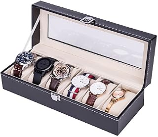 CO-Z Watch Display Box Black Faux Leather Jewelry Box for Men and Women, 6-Slot Watch Organizer Box with Glass Top, Lockable Waterproof Watch Case (6 Slots)
