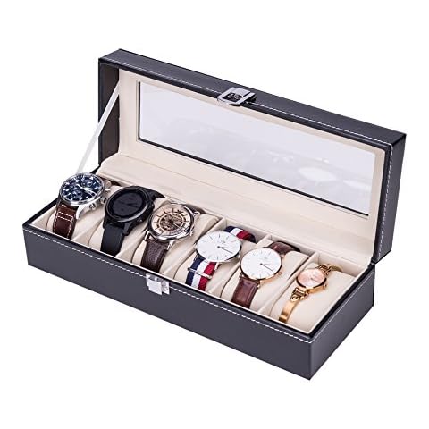 CO-Z Watch Display Box Black Faux Leather Jewelry Box for Men and Women, 6-Slot Watch Organizer Box with Glass Top, Lockable Waterproof Watch Case (6 Slots) Cover