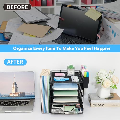 Desk Organizer, 5-Tier Paper Letter Tray Organizer with File Holder, Drawer and Pen Holder, Desktop Organizer for Office Supplies, Black - Image 5