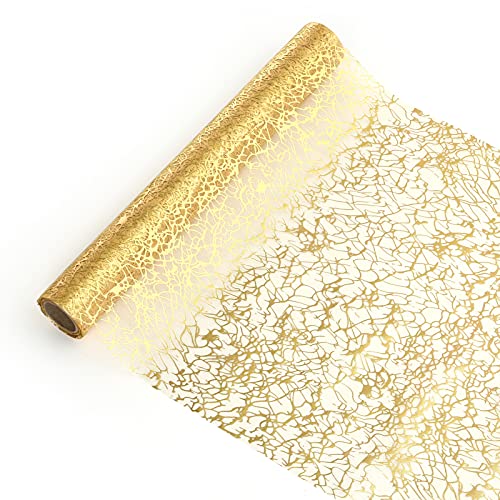 LEMESO Caminos de Mesa Mantel para Boda 5M de Largo Decorado con Malla Dorado Mantel de Organza Decorativos para Fiestas Comunion Decoración de Mesa de Navidad Rollo Translúcido -28cm x 5m/Rollo