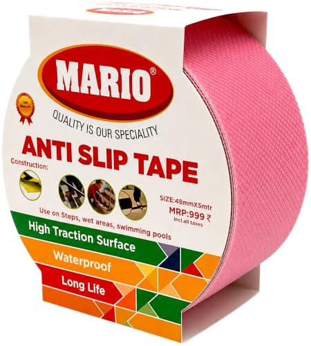 Image of Mario Soft Anti Skid Anti Slip Tape Pink 50mm (2 Inch) x 5m | Soft Surface Non Abrasive Barefoot Friendly Waterproof Grip Tape | Self Adhesive Safety Tape for Home Bathroom Stairs & Floor Use