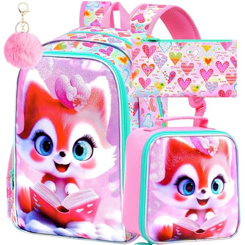 Image of CCJPX 16 inch Fox Backpack for Girls, 3Pcs Kids Bookbag with Lunch Box, Water Resistant Elementary School Bag for Kindergarten Preschool Toddler (Pink)