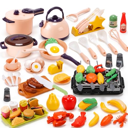 CUTE STONE 73PCS Kids Kitchen Playset with Toy Kitchen Accessories & Grill