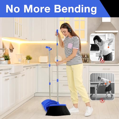 Image of Broom and Dustpan Set, Long Handle Lightweight Dustpans with Broom Combo for Home, Indoor&Outdoor Sweeping for Home Room Kitchen Office Lobby (Dark Blue)
