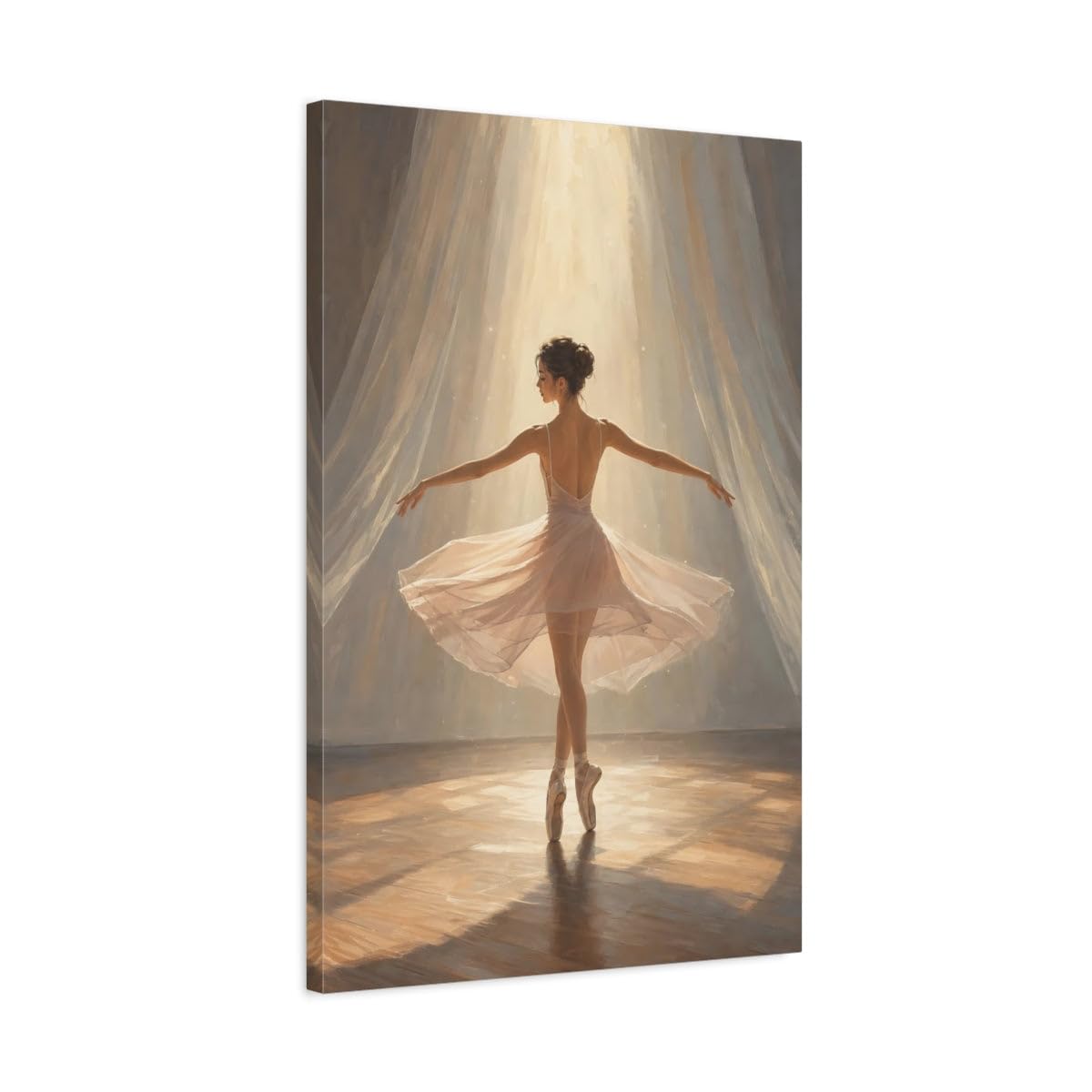 Radiant Ballerina In Light Canvas Print – Living Room, Above Fireplace, Warm Golden Tones 20×30 inch (50×75 cm) - Vertical / 1.25 inch (3 cm)