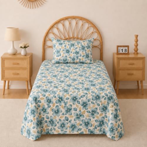 Image of BSB HOME 240 TC Premium Cotton Single Bedsheet, Soft Breathable Comfortable Floral Printed Bed Sheet, Elegant Durable Bedding for Bedroom, Easy Care Bedsheet, 60 x 90 Inches(152 x 229 cm) - Aquamarine