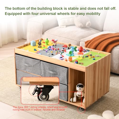 Image of BIRASIL Wooden Kids Activity Table with 8 Cubes Storage Boxes, Multi-Purpose Sensory Table with Wheels for Children, Play Table Compatible with Building Block Board for Preschool Toddler