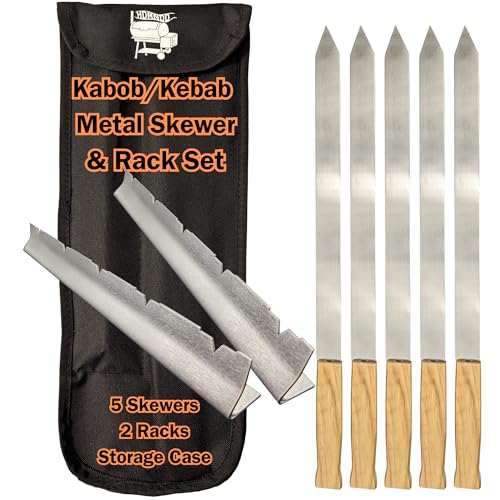 Stainless Steel Kebab Sword Grill Skewers, Holder Racks and Case