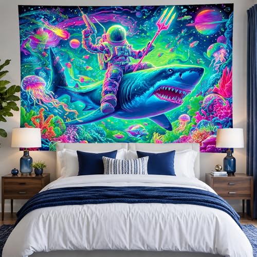 Image of BlissYard Neon Space Astronaut Shark Black Light Tapestry UV Reactive Psychedelic Underwater Galaxy Wall Hanging for Living Room Bedroom Dorm Room Bar Party Decor 78x59 Inch
