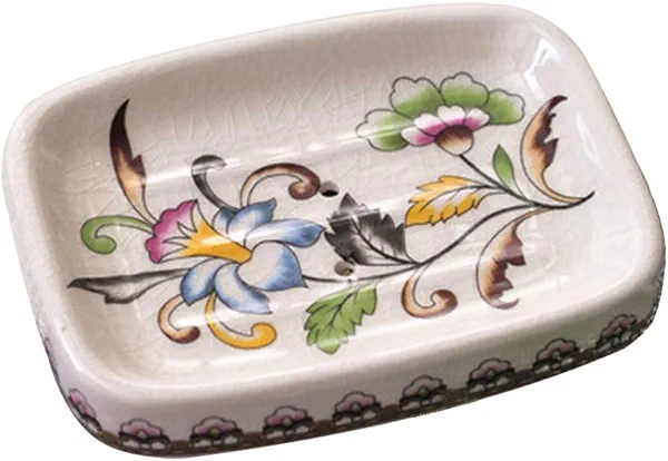 Kelake Ceramic Soap Dish Creative Ice Crack Ceramic Clorful Flower Pattern Soap Dish Holder for Bathroom and Shower Soap Tray Box with Drain Gift for Mum Family