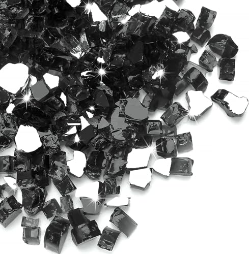 Image of Pulovin 10 lbs Black Fire Glass for Propane Fire Pit, 1 /2 Inch Fire Pit Glass Rocks for Gas Fireplace, Reflective Glass Rocks for Fire Pit Table