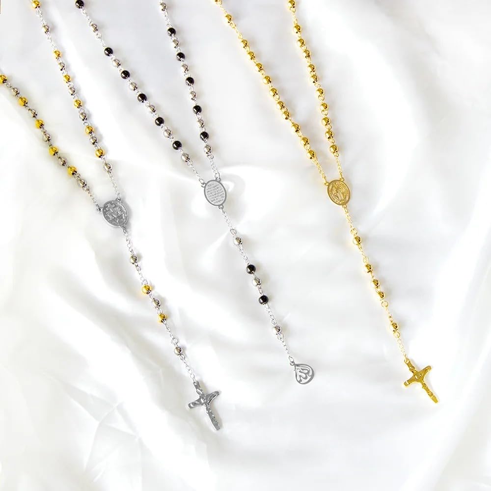 Collar de rosario religioso de plata de ley 925 para mujeres y hombres - Rosarios católicos escapularios largos Collares con colgante de cuentas para hombre