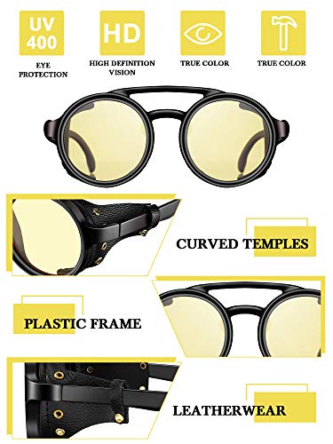 Weewooday 3 Pairs Retro Round Steampunk Sunglasses with Faux Leatherwear for Men Women (Vintage Color)3