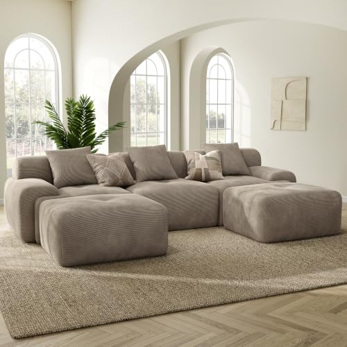 Image of LIKIMIO LumiCord 118 inch Tufted Modular Sectional Sofa, Modern U-Shaped Boneless Couch for Living Room, 26.8 inch Deep Seat, 18.1 inch High Seating, 15 inch Wide Armrest, Corduroy, Light Brown