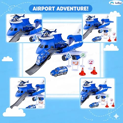 Image of FunBlast Police Airplane Toy Set - Big Aircraft with 4 Police Vehicles, Helicopter, Road Signs & Cones, DIY Firefighter Playset for Kids, Educational Role Play Toy for Boys & Girls (Blue)