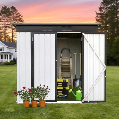 6 x 4 FT Outdoor Storage Shed, Metal Garden Tool Shed with Slooping Roof, Lockable Doors and Aluminum Frames, Easy to Assemble for Garden, Patio, Lawn, White