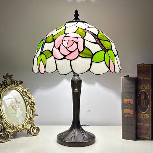 ​12-inch Tiffany Rose Table Lamp - Stained Glass Shade (Pink Bloom, Green Leaves & White Petals), Zipper Switch Resin Base (Bronze-Toned) - Classical Art Home Light