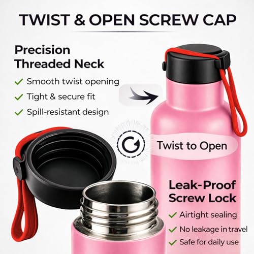 Image of GRECY Trim 1 Litre Stainless Steel Water Bottle for Office, Gym & School | Lightweight Leak Proof Fridge Bottle with Carry Loop | BPA Free, Rust Proof, Odour Free | Pink | 1000ml