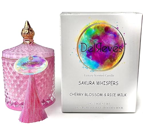 Delrevés "Sakura Whispers". Vela Aromática grande de lujo. Vela decorativa de soja con mecha de madera. +50 horas de Combustión. Perfumada a Flor de cerezo y leche de arroz. Regalo mujer