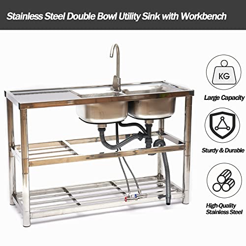 Dnysysj Commercial Stainless Steel Kitchen Sink, 2 Compartment Free Standing Utility Sink With Faucet Drainboard Storage Shelves For Garage, Restaurant, Kitchen, Laundry Room Indoor Outdoor #TOP1