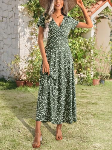 Image of HUHOT Women's Short Sleeve Wrap V Neck Dresses for Wedding Guest Summer Floral Maxi Sundresses with Pockets Boho Dress