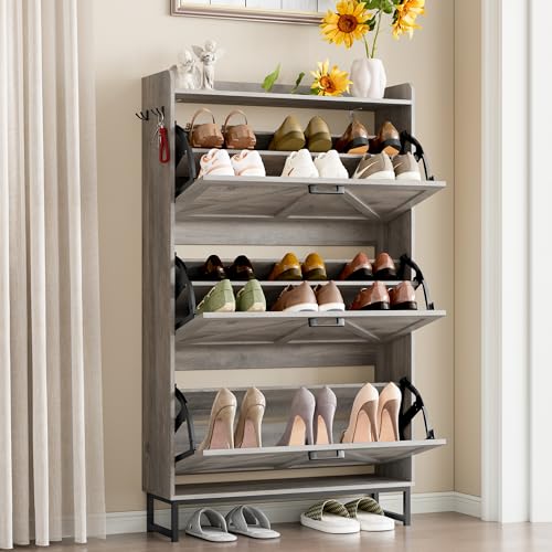 Image of BORNOON Shoe Cabinet with 3 Flip Drawers Narrow Shoe Storage Cabinet Organizer Wooden Freestanding Shoe Rack Hidden Slim Shoes Storage Cabinet for Entryway, Hallway, Living Room, Bedroom