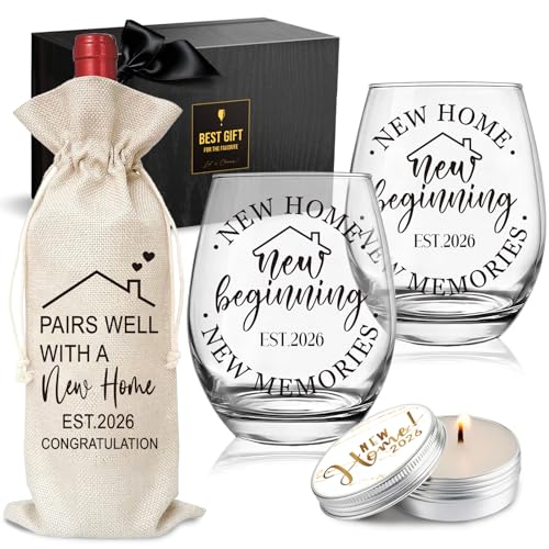 House Warming Wine Glass Gifts for Couple 2026, Stemless wine glass & Bottle Bag & Candle gift set...