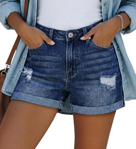 Image of onlypuff Women Denim Shorts Ripped Mid Waisted Jean Shorts with Pockets