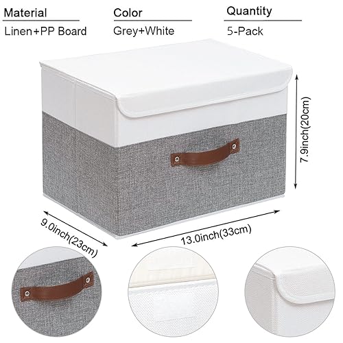 Image of Yawinhe Collapsible Storage Bins,White /Grey,13.0x9.0x7.9in,5-Pack