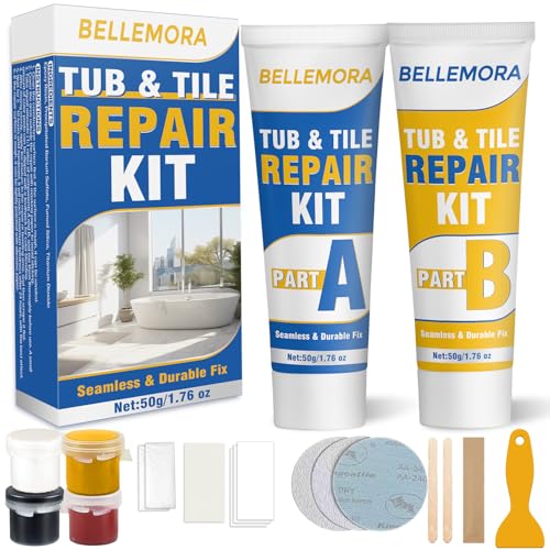 Bellemora Porcelain Repair Kit Fiberglass Repair Kit Professional Tile Repair Kit for Cracks Chips Scratches Rust Holes on Tubs Toilet Sink and Shower Tray Color Match