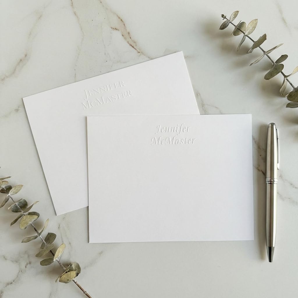 Personalized Two Lines Embossed Flat Cards with Matching Envelopes | Horizontal Format | 4.5" x 6.25" | Triple-Thick 140 lb Cover Cardstock | Embossed Personalization | Custom Stationery | Set of 25 | Made in the USA
