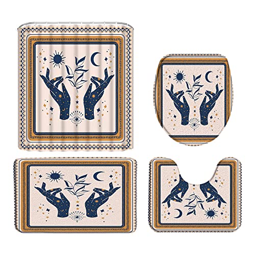 Boho Palmistry Shower Curtain Gothic Mystical Psychic Witch Ouija Board Hands Sun Moon Stars Magical Astrology Tarot Spooky Halloween Decor Fabric Bathroom Curtain With Hook #TOP6