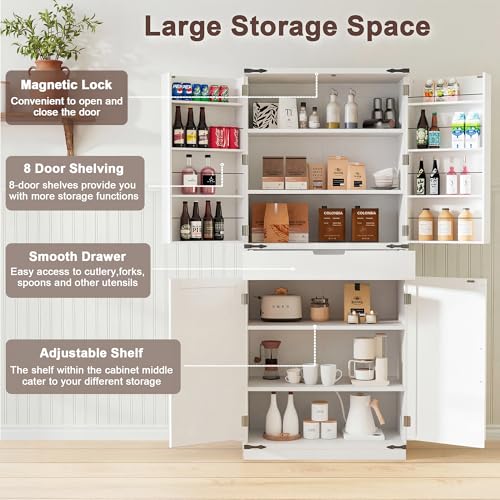 Image of GRUSIGN 72 inch Kitchen Pantry Storage Cabinet with Doors and Shelves, Wood Farmhouse Pantry Storage with Barn Doors for Kitchen, Dining Room, Living Room