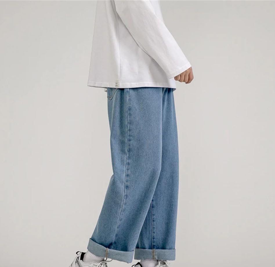 Men’S Wide Leg Korean Style Denim Jeans with Zipper Fly Mid Waist Loose Fit Solid Color Pants 5
