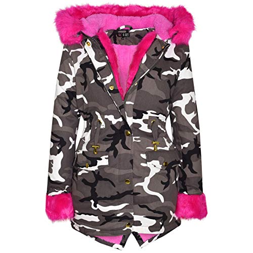 Veste camouflage rose pailleté avec capuche fausse fourrure amovible parka stylée fille