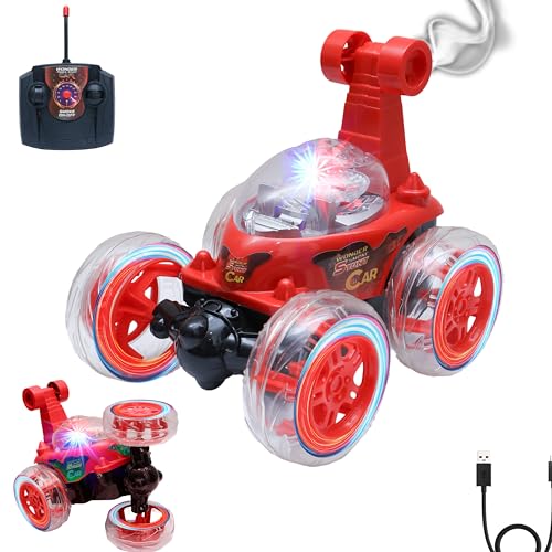 Image of Wonder Stunt Rc Car | Smoke Function and Led Lights | Abs Plastic Body | 360 Degree Spinning Wheels Rechargeable Battery Type C Charging | Remote Control Toy for Kids - Red