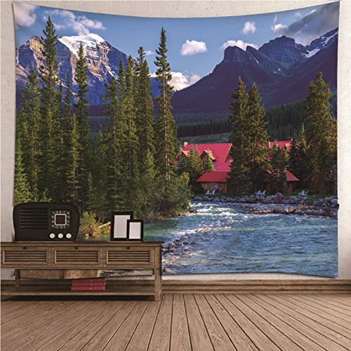 Tapisserie murale japonaise hiver vert Isdreem tenture arbres alpins