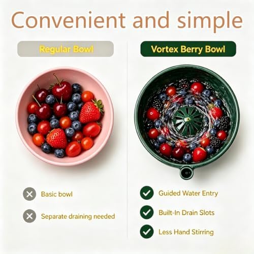 Ceramic 360° Fruit & Vegetable Washer Colander,Self Spinning Berry Washing Bowl with Drain Holes, Vortex Berry Rinser for Strawberries, Blueberries, Grapes & Cherry Tomatoes (Green) - 5