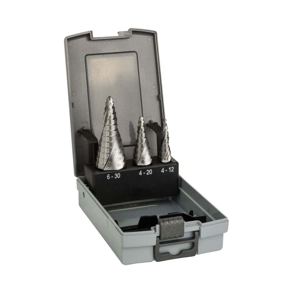Bosch Professional 3 pz. Set di punte a gradini HSS con codolo a tripla superficie (per Metallo, Ø 4-12/4-20/6-30 mm, Accessorio per Trapani)