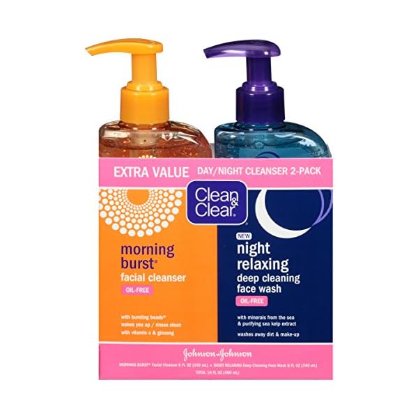 Clean & Clear 2-Pack Day and Night Face Cleanser Citrus Morning Burst Facial Cleanser with Vitamin C and Cucumber, Relaxing Night Facial Cleanser with Sea Minerals, Oil No & Hypoallergenic Face Wash